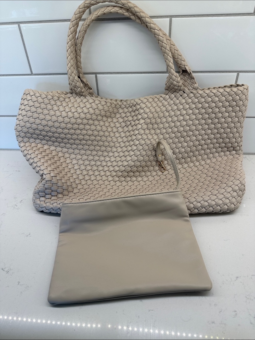 Moda Luxe Woven Tote Bag in Light Beige - Classic Everyday Carry with pouch